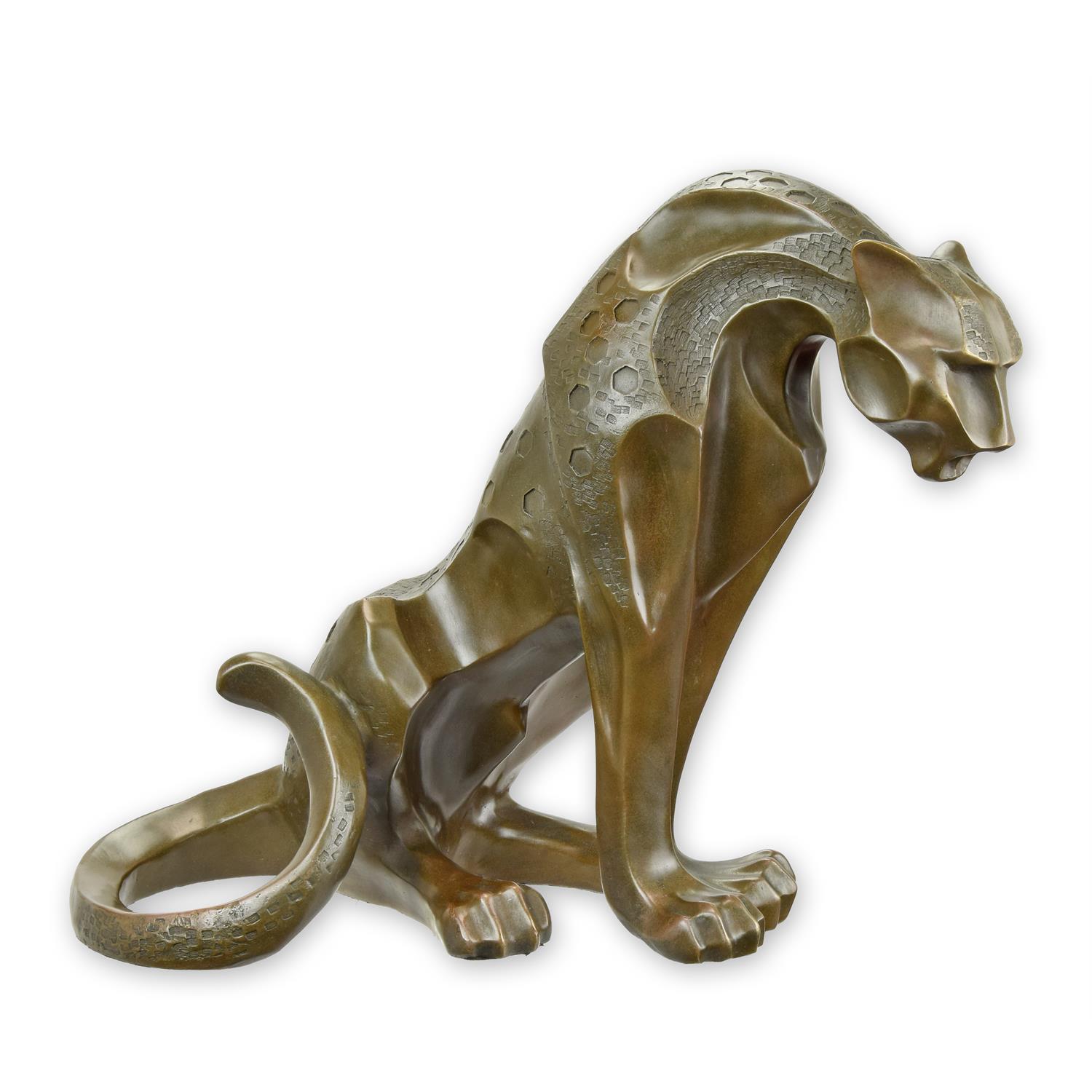 A MODERNIST BRONZE SCULPTURE OF A SEATED JAGUAR